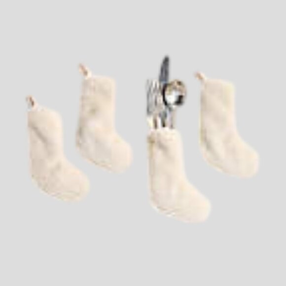 NWT Crate & Barrel Holiday Faux Fur Ivory Flatware Stocking, Set of 4 - Picture 1 of 7
